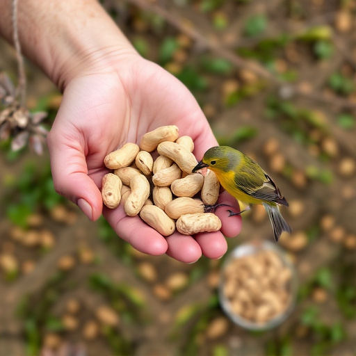 Hand holding fresh peanuts for birds
