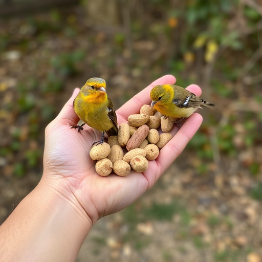 Hand holding fresh peanuts for birds