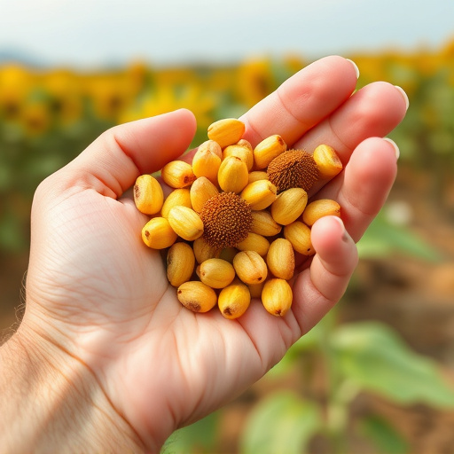 Hand holding handful of sunflower hearts