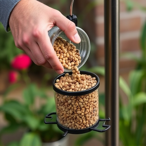Hand pouring no-mess seeds into feeder