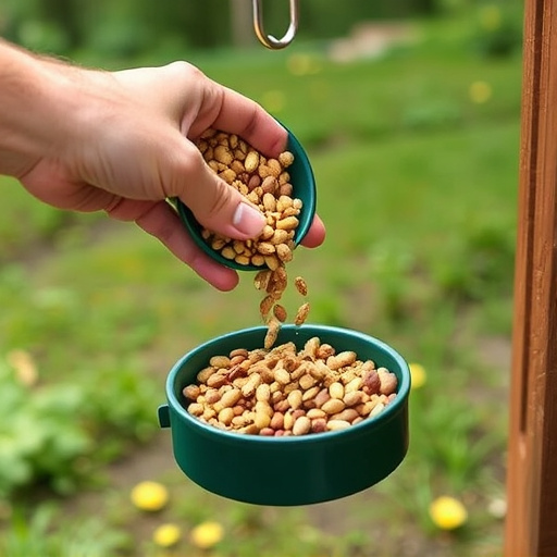 Hand pouring no-mess seeds into feeder