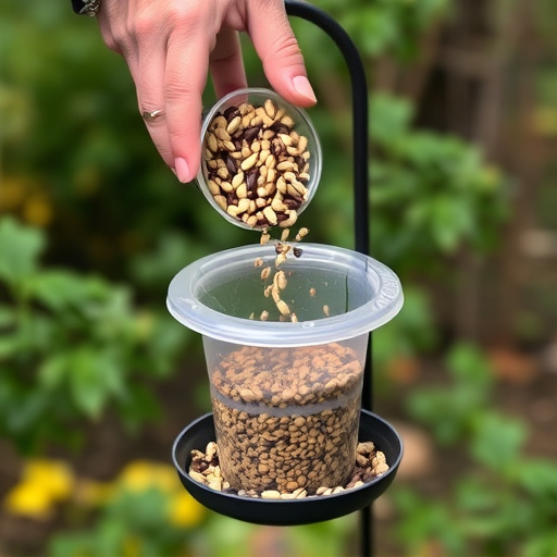 Hand pouring no-mess seeds into feeder