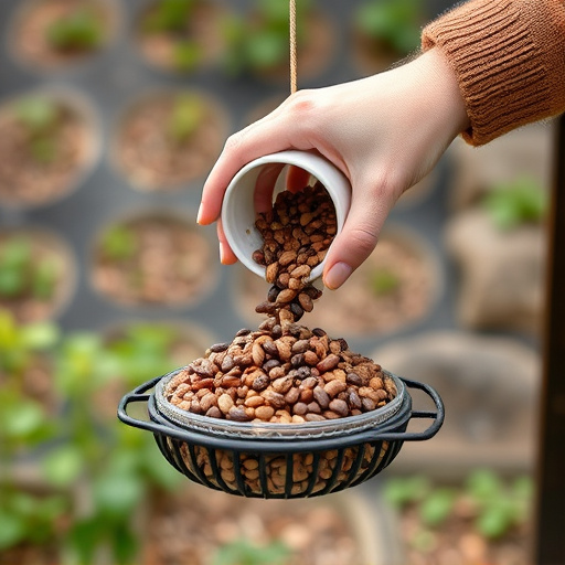 Hand pouring no-mess seeds into feeder