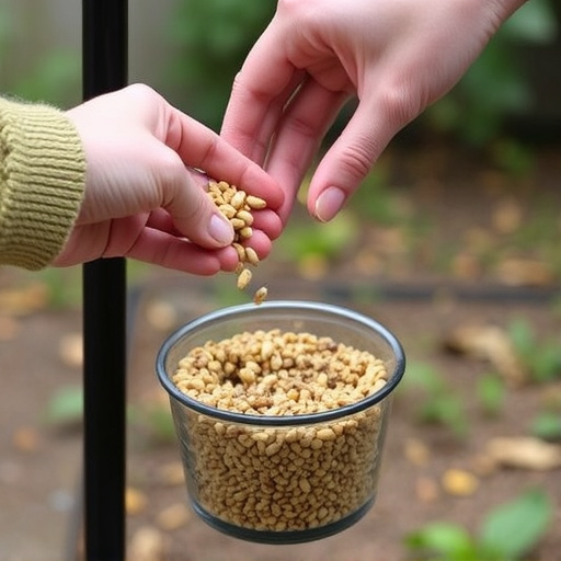Hand pouring no-mess seeds into feeder