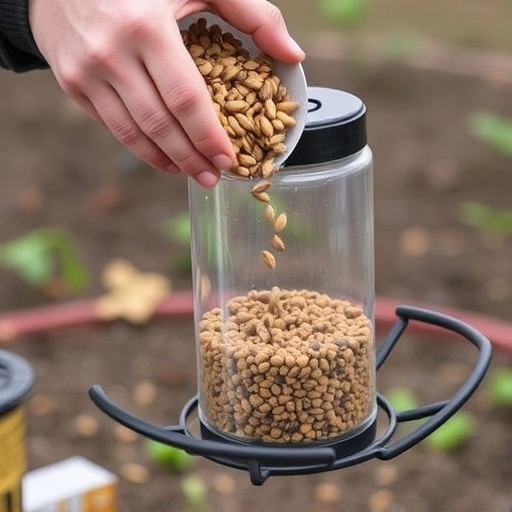 Hand pouring no-mess seeds into feeder