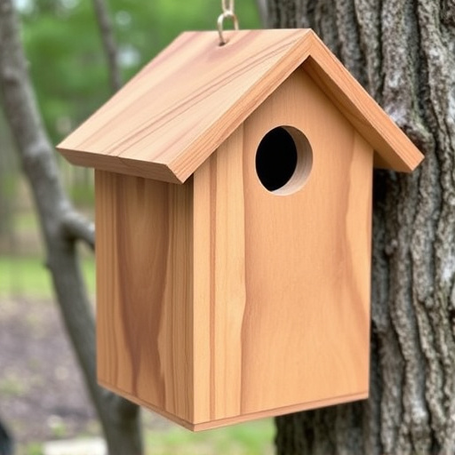 Handcrafted bird box with feeding hole