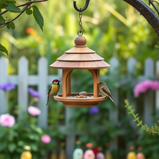 Hanging bird table in cottage garden
