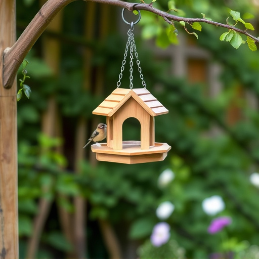Hanging bird table in cottage garden