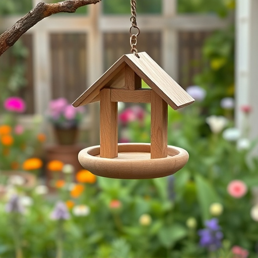 Hanging bird table in cottage garden