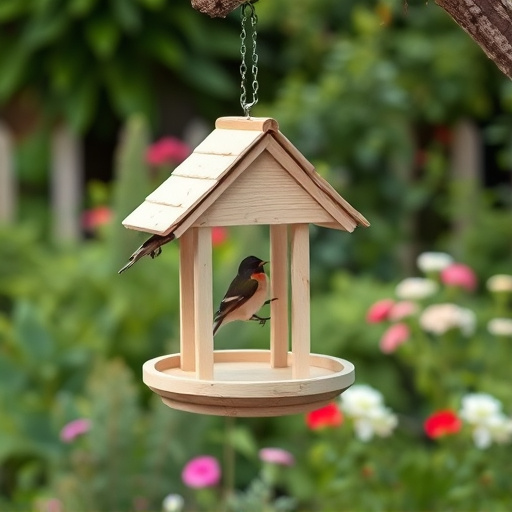 Hanging bird table in cottage garden