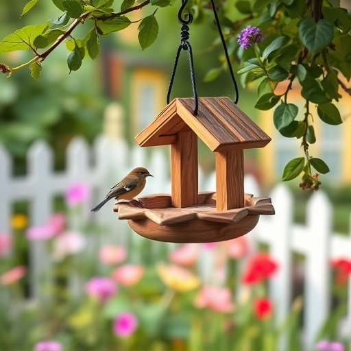 Hanging bird table in cottage garden