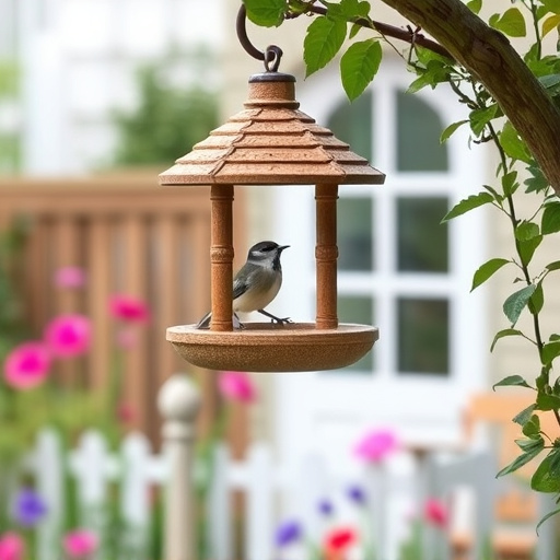 Hanging bird table in cottage garden