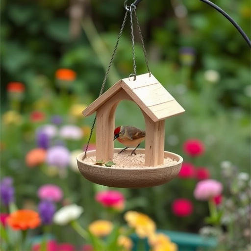 Hanging bird table in cottage garden