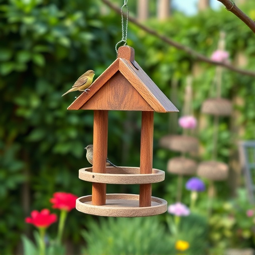 Hanging bird table in cottage garden