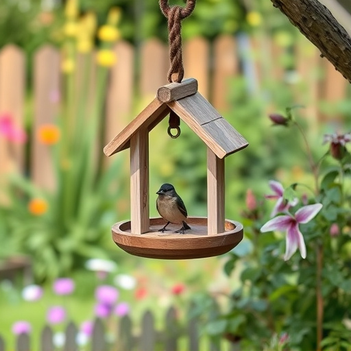 Hanging bird table in cottage garden
