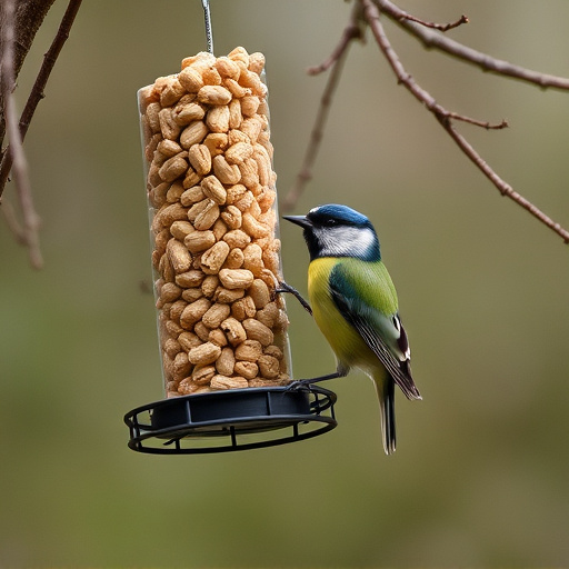 Hanging peanut feeder visited by great tit
