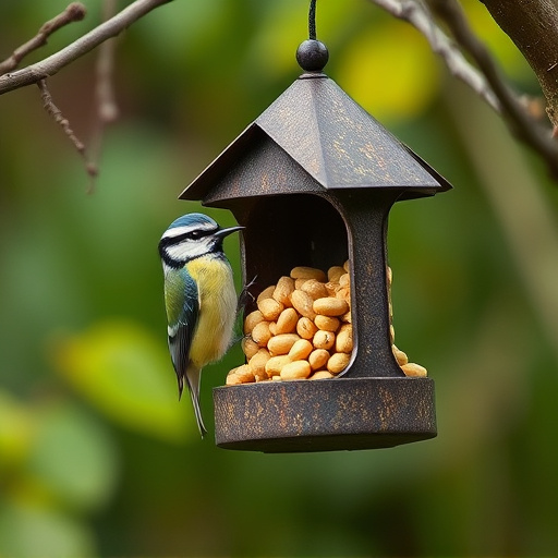 Hanging peanut feeder visited by great tit