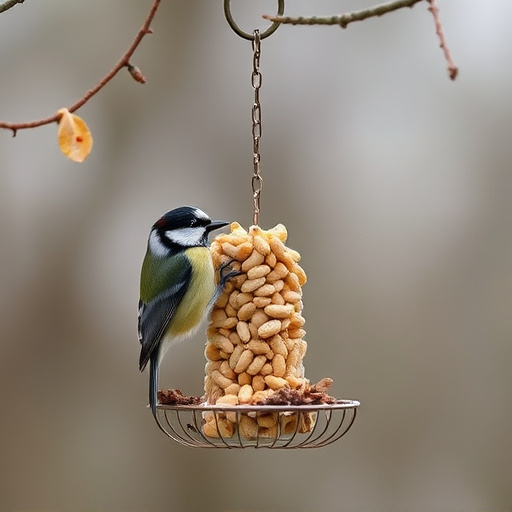Hanging peanut feeder visited by great tit