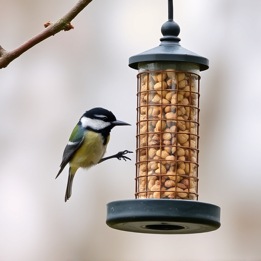 Hanging peanut feeder visited by great tit