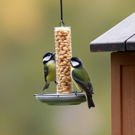 Hanging peanut feeder visited by great tit