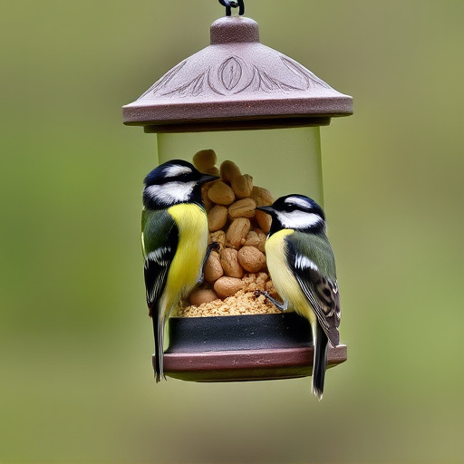 Hanging peanut feeder visited by great tit