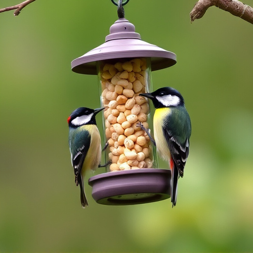 Hanging peanut feeder visited by great tit