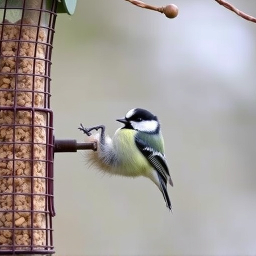 Hanging peanut feeder visited by great tit