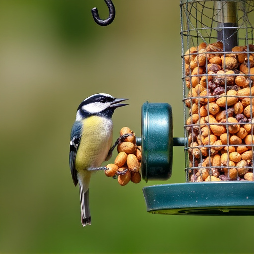 Hanging peanut feeder visited by great tit