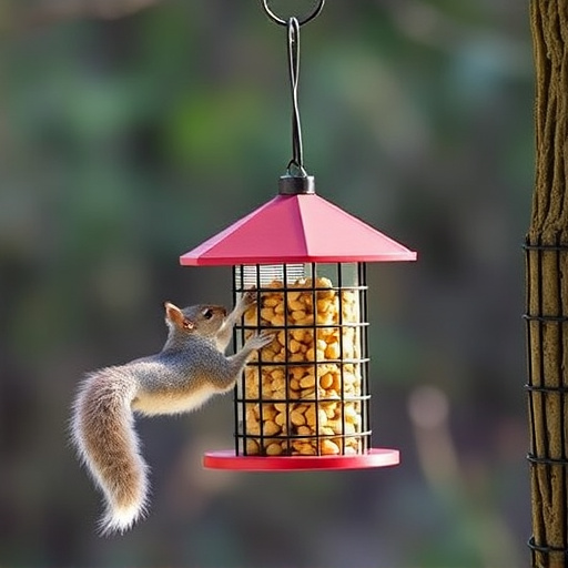 Hanging squirrel-proof peanut feeder outdoors