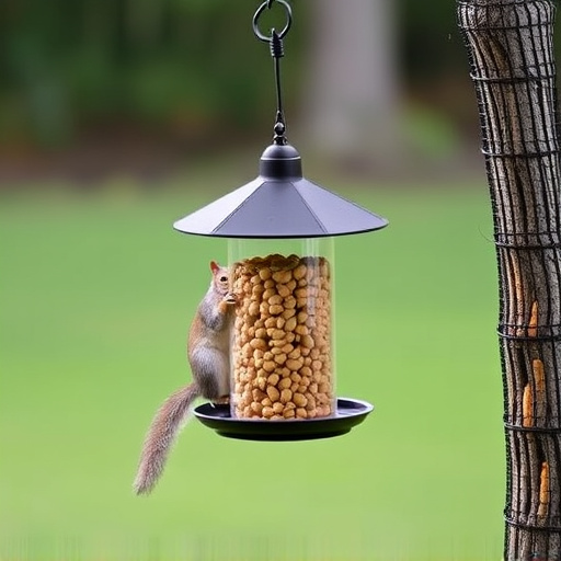 Hanging squirrel-proof peanut feeder outdoors