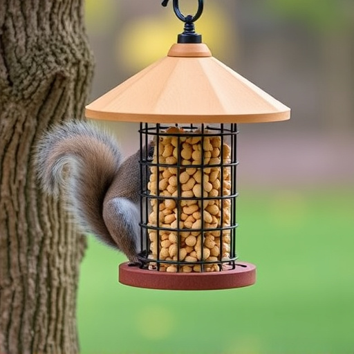 Hanging squirrel-proof peanut feeder outdoors