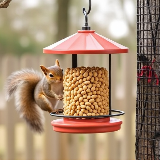 Hanging squirrel-proof peanut feeder outdoors