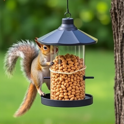 Hanging squirrel-proof peanut feeder outdoors