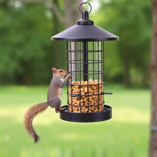 Hanging squirrel-proof peanut feeder outdoors