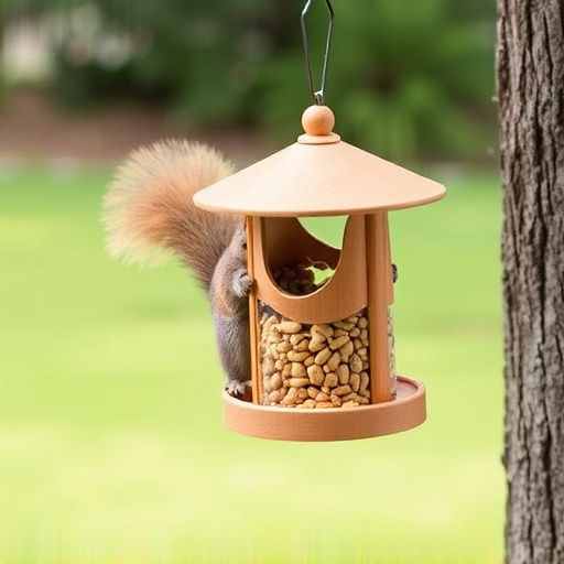 Hanging squirrel-proof peanut feeder outdoors