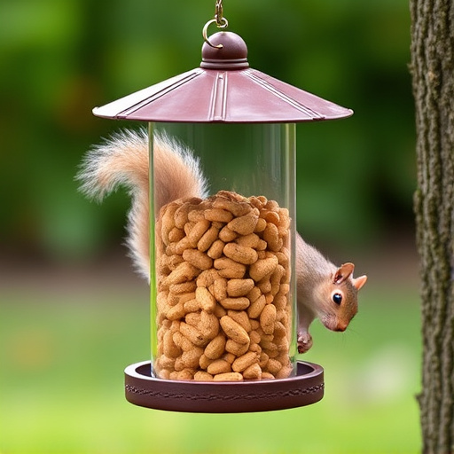 Hanging squirrel-proof peanut feeder outdoors