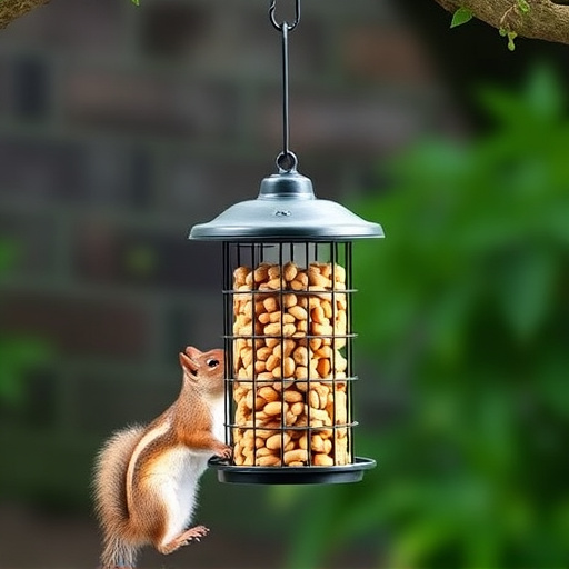 Hanging squirrel-proof peanut feeder outdoors