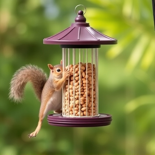 Hanging squirrel-proof peanut feeder outdoors