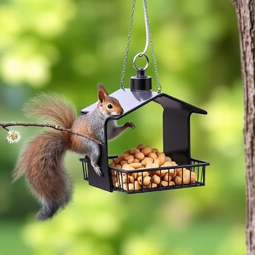 Hanging squirrel-proof peanut feeder outdoors