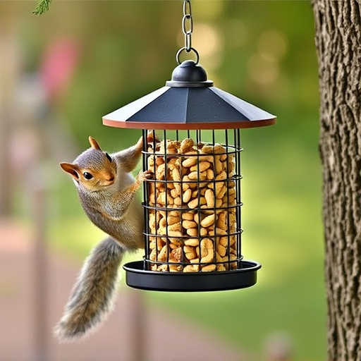 Hanging squirrel-proof peanut feeder outdoors