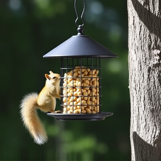 Hanging squirrel-proof peanut feeder outdoors