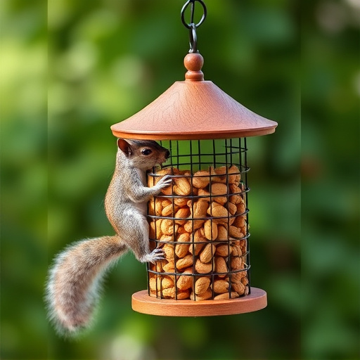 Hanging squirrel-proof peanut feeder outdoors