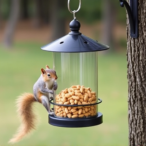 Hanging squirrel-proof peanut feeder outdoors