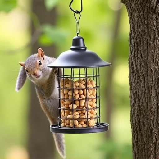 Hanging squirrel-proof peanut feeder outdoors