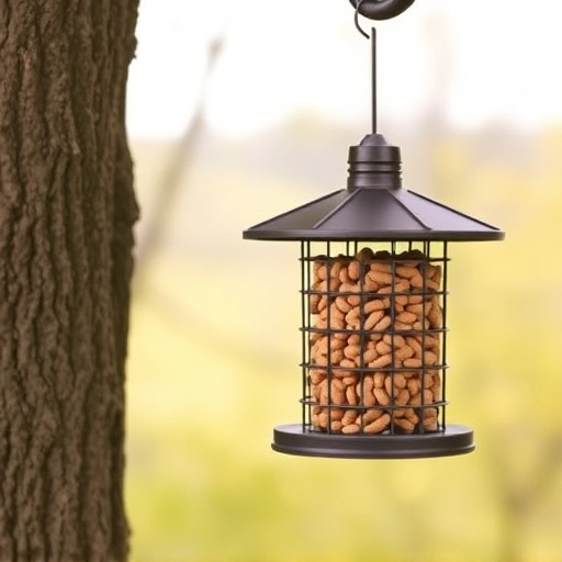 Hanging squirrel-proof peanut feeder outdoors