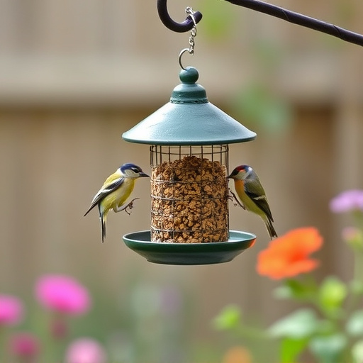 Hanging suet ball feeder in garden