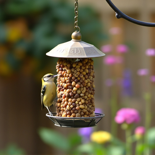 Hanging suet ball feeder in garden