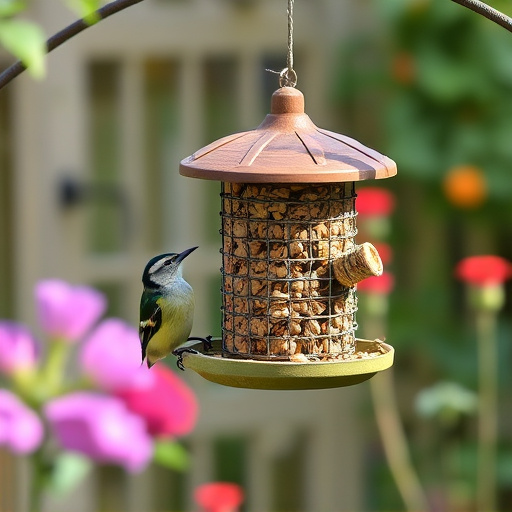 Hanging suet ball feeder in garden