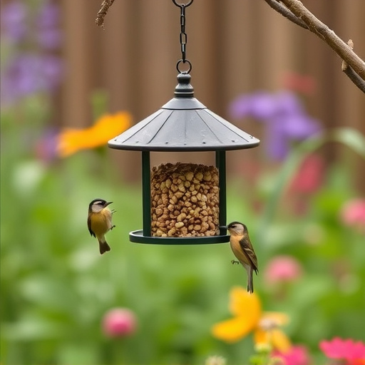Hanging suet ball feeder in garden