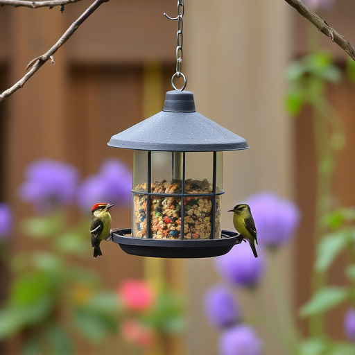 Hanging suet ball feeder in garden